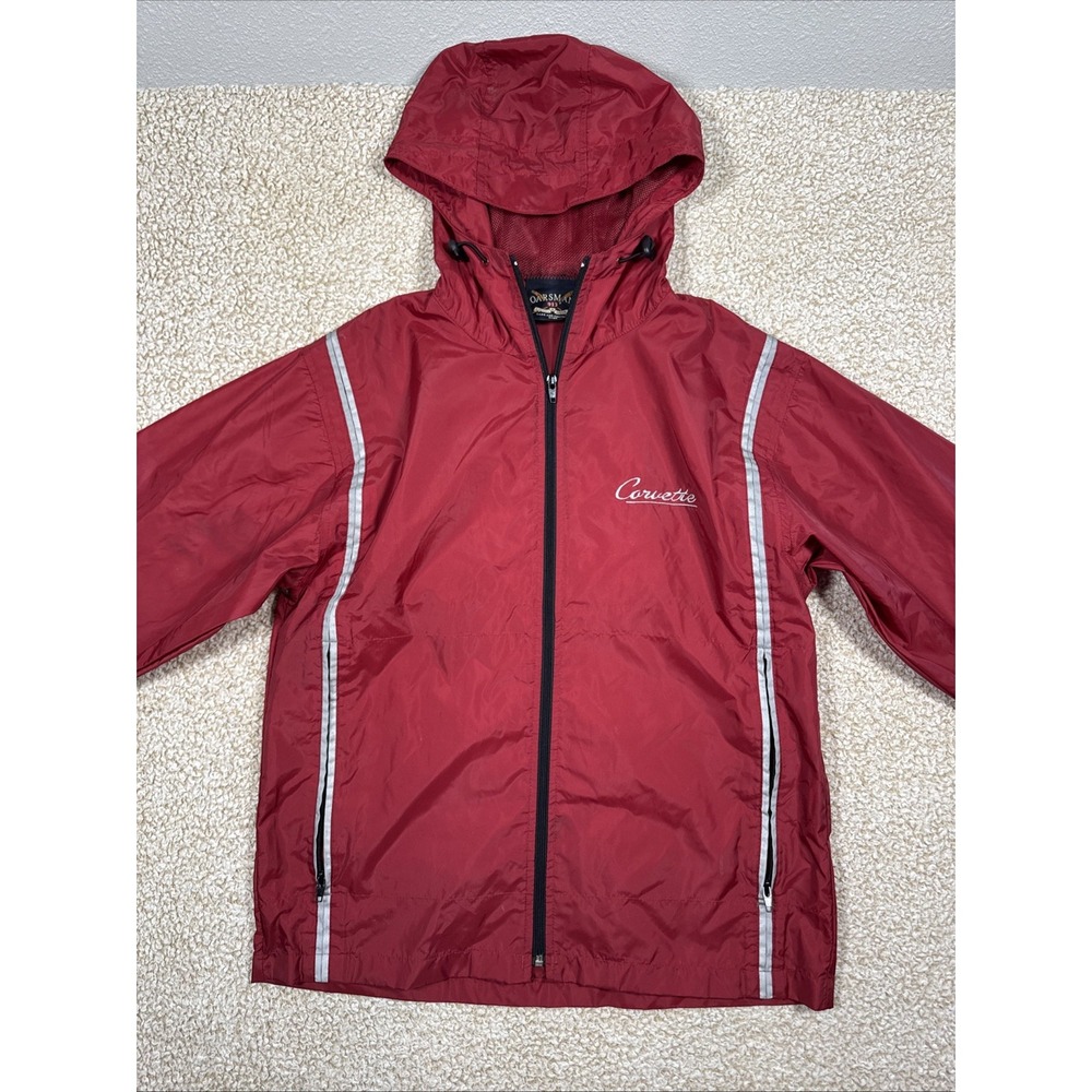 Vintage Oarsman 913 Chevy Corvette Jacket Mens S Red Windbreaker Hooded Lined